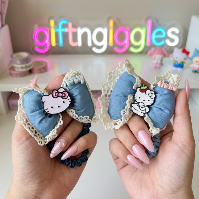 💖 Hello Kitty Denim Bow Scrunchies 🎀
