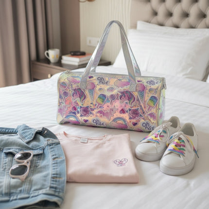 Kawaii Holographic Unicorn Kids Duffle Bag – Pastel Sticker Design Travel & School Bag