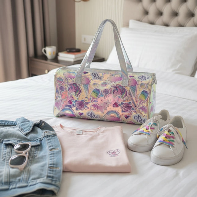 Kawaii Holographic Unicorn Kids Duffle Bag – Pastel Sticker Design Travel & School Bag