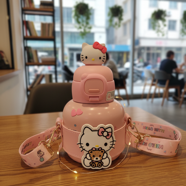 Hello Kitty Water Bottle with Strap – Sanrio Pink Kawaii Drink Bottle with Cover & Handle