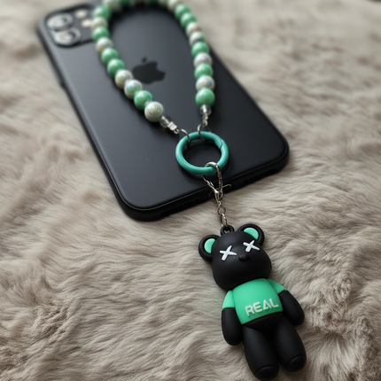 Black & Green Bear Phone Charms  with Beaded Strap – Trendy Bag Charm with “REAL” Print
