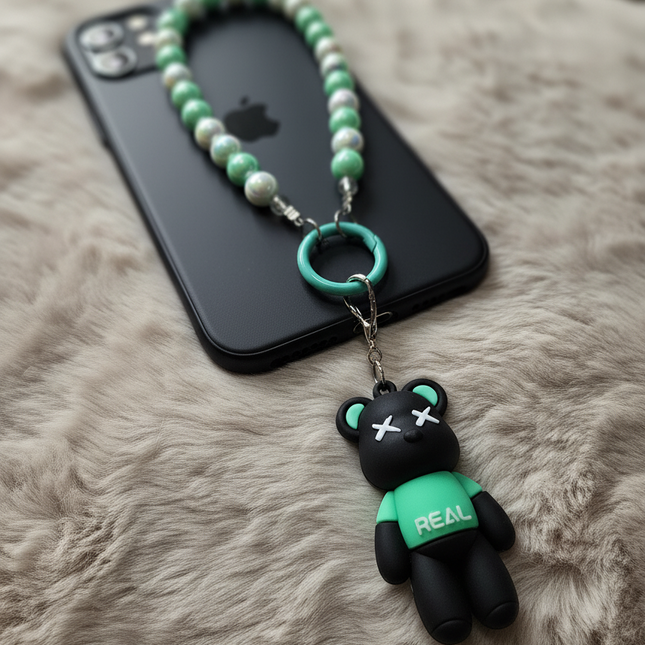 Black & Green Bear Phone Charms  with Beaded Strap – Trendy Bag Charm with “REAL” Print