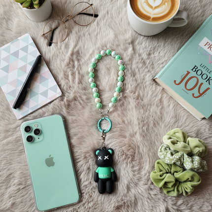 Black & Green Bear Phone Charms  with Beaded Strap – Trendy Bag Charm with “REAL” Print