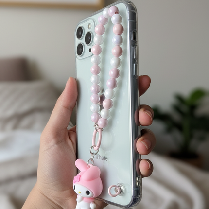 My Melody Beaded Phone Charms  – Cute Sanrio Kawaii Pink & White Bead Strap with Charm