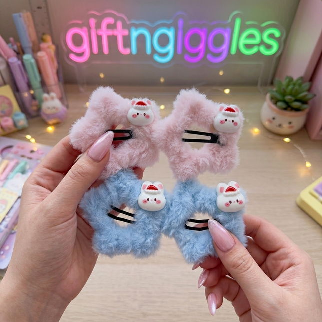 Kawaii Fluffy Hair Clips with Bunny Charm