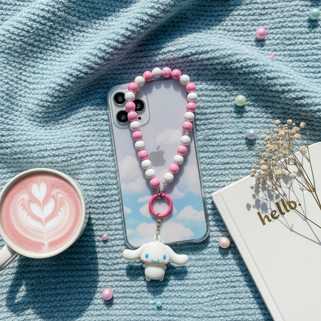 Cinnamoroll Phone Charms with Pink Beaded Strap – Cute Sanrio Bag Charm Accessory
