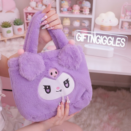 Kuromi-Inspired Fluffy Plush Tote Bag – Spacious & Kawaii Aesthetic by GiftnGiggles