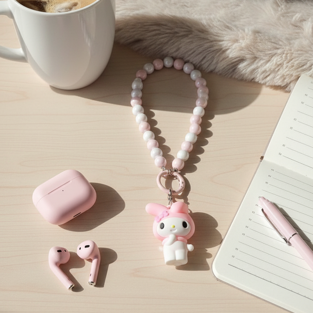 My Melody Beaded Phone Charms  – Cute Sanrio Kawaii Pink & White Bead Strap with Charm