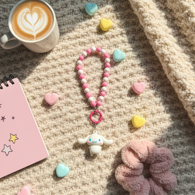 Cinnamoroll Phone Charms with Pink Beaded Strap – Cute Sanrio Bag Charm Accessory
