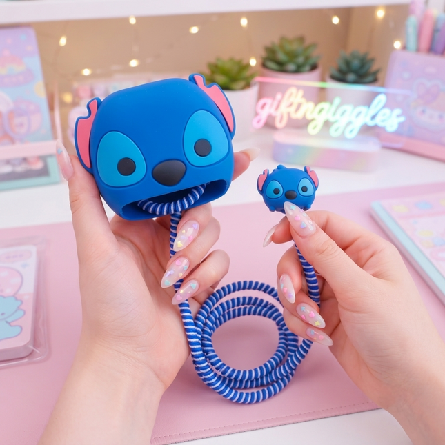 💙 Cute Stitch Phone Charger Case & Flexible Wire Protector Set 🐾✨