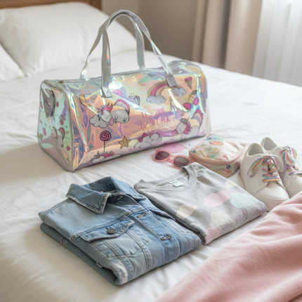 Kawaii Holographic Unicorn Kids Duffle Bag – Pastel Sticker Design Travel & School Bag
