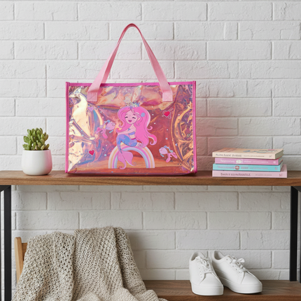 Mermaid Holographic Tote Bag – Shiny Pink Rainbow Carry Bag for Kids & Stationery Lovers ✨🌈🧜‍♀️