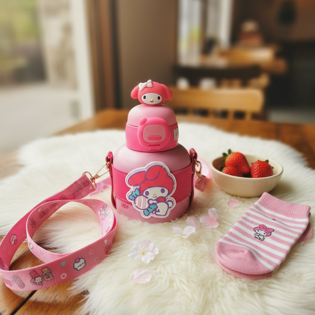 My Melody Water Bottle with Strap – Sanrio Pink Kawaii Drink Bottle with Cover & Handle