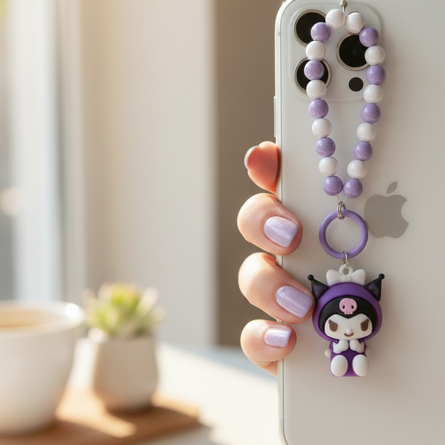 Kuromi Phone Charms  with Purple Beaded Strap – Cute Sanrio Bag Charm