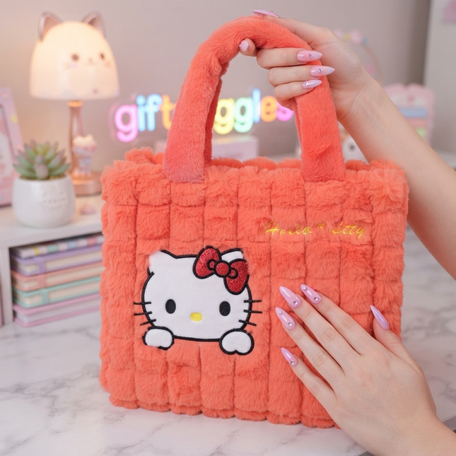 Hello Kitty Plush Big Size Tote Bag - Soft Orange Sanrio Aesthetic Handbag