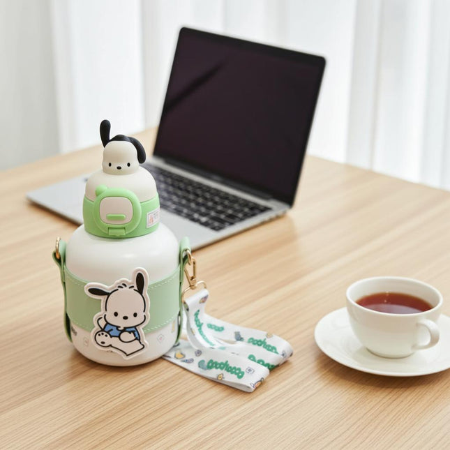 Pochacco Water Bottle with Strap – Sanrio Green Kawaii Drink Bottle with Cover & Handle
