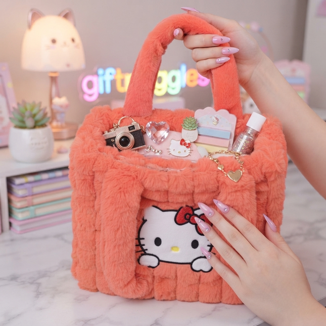 Hello Kitty Plush Big Size Tote Bag - Soft Orange Sanrio Aesthetic Handbag