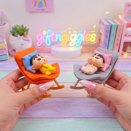 ✨👶 Crayon Shinchan Baby Nap Time Figurine on Rocking Chair - Cute Anime Collectible (Sold Individually) 🧸💤