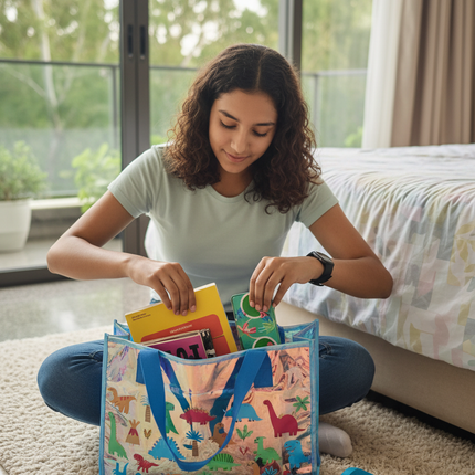 Dinosaur Holographic Tote Bag – Colorful Dino Print Carry Bag for Kids, School & Shopping ✨🦖🌈