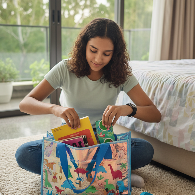 Dinosaur Holographic Tote Bag – Colorful Dino Print Carry Bag for Kids, School & Shopping ✨🦖🌈