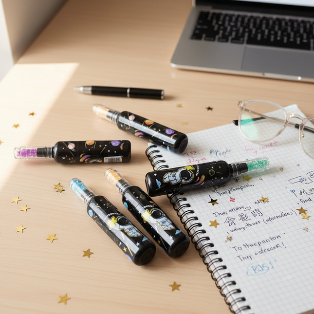 Astronaut Galaxy Glitter Pens – Set of 6 Colorful Gel Pens with Space Design