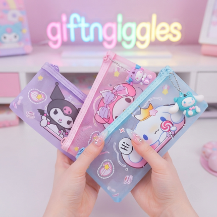 ✨ Kawaii Sanrio-Inspired Character Mesh Pouch & Charm Set 🎀