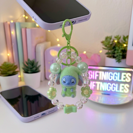 Cute Plush Stitch "Sweet Heart Friend" Beaded Lanyard Keychain 💖👽🌿