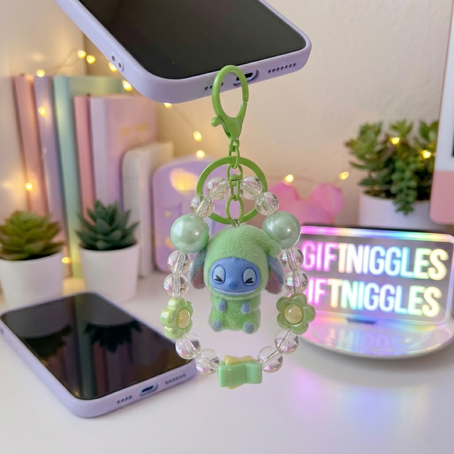Cute Plush Stitch "Sweet Heart Friend" Beaded Lanyard Keychain 💖👽🌿