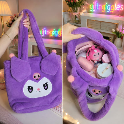 Kuromi-Inspired Fluffy Plush Tote Bag – Spacious & Kawaii Aesthetic by GiftnGiggles