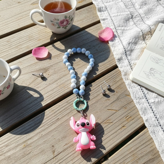 Pink Stitch Phone Charms  with Beaded Strap – Cute Disney Lilo & Stitch Bag Charm (Blue & White)