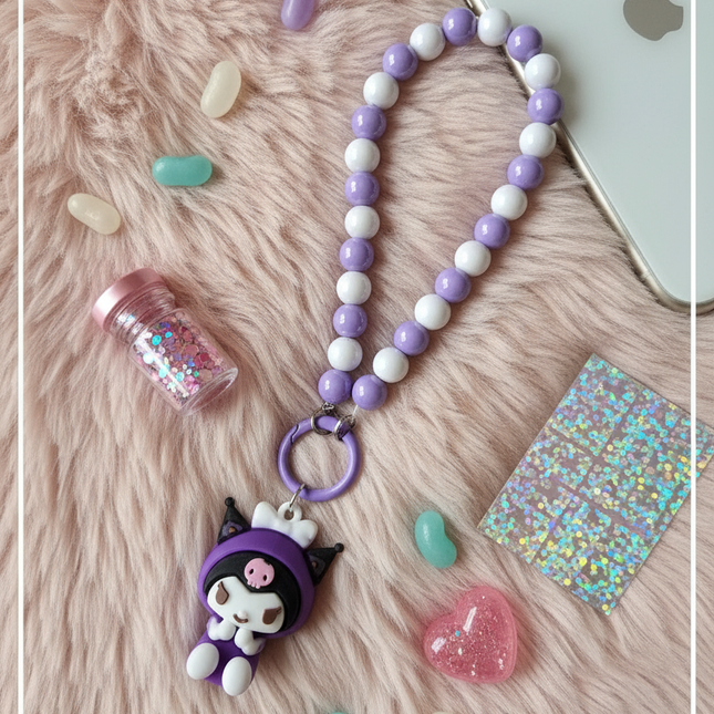 Kuromi Phone Charms  with Purple Beaded Strap – Cute Sanrio Bag Charm