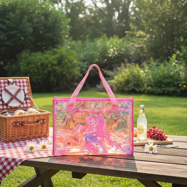 Mermaid Holographic Tote Bag – Shiny Pink Rainbow Carry Bag for Kids & Stationery Lovers ✨🌈🧜‍♀️