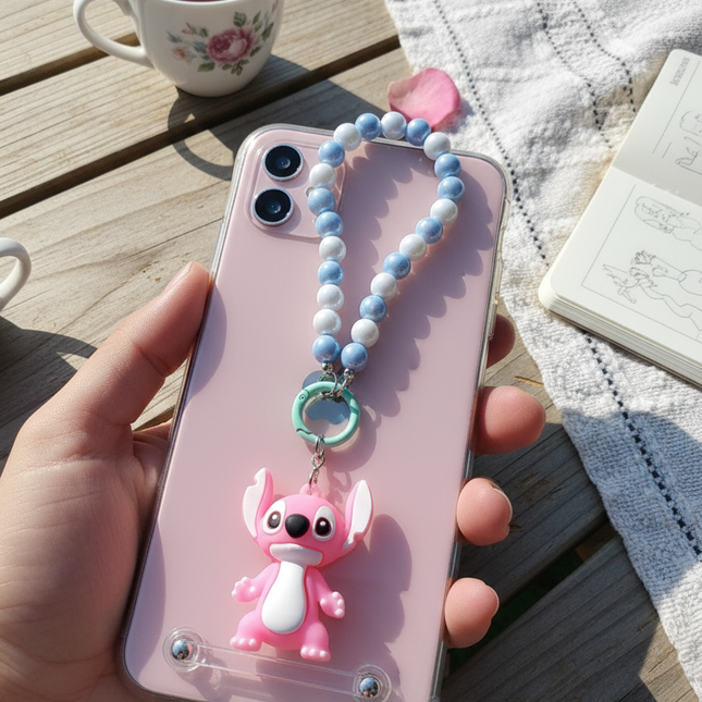 Pink Stitch Phone Charms  with Beaded Strap – Cute Disney Lilo & Stitch Bag Charm (Blue & White)