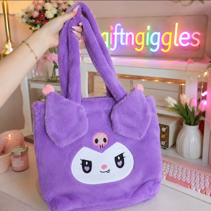Kuromi-Inspired Fluffy Plush Tote Bag – Spacious & Kawaii Aesthetic by GiftnGiggles