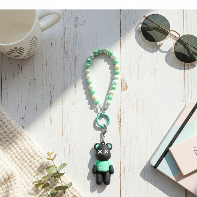Black & Green Bear Phone Charms  with Beaded Strap – Trendy Bag Charm with “REAL” Print