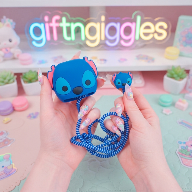 💙 Cute Stitch Phone Charger Case & Flexible Wire Protector Set 🐾✨